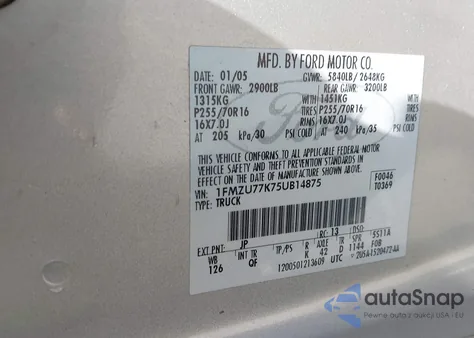 2005 Ford Explorer Sport Trac Adrenalin/Xls/Xlt z USA, uszkodzony, nr VIN 1FMZU77K75UB14875